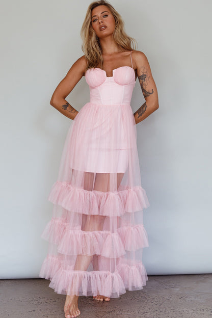 Moonlight Sonata Ruffle Mesh Maxi Dress Cameo Pink