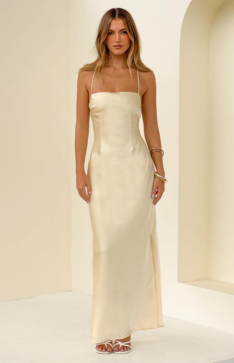 Astlee Yellow Satin Formal Maxi Dress