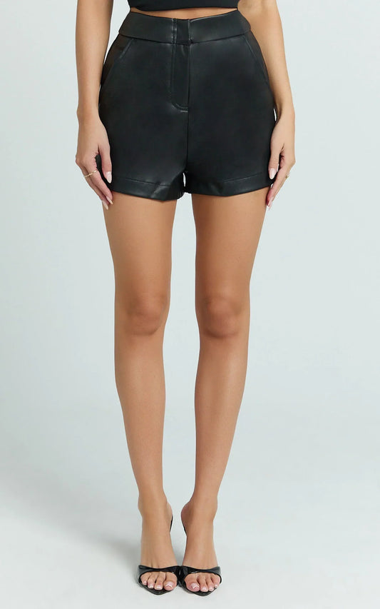 Braelyn Shorts - Faux Leather Mid Waisted Mini Shorts in Black