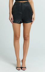 Braelyn Shorts - Faux Leather Mid Waisted Mini Shorts in Black