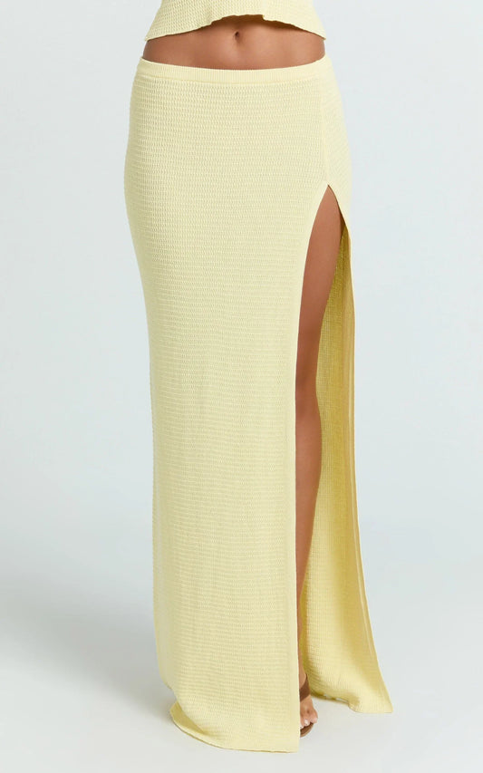Agnes Maxi Skirt - Low Waist Thigh Split Crochet Maxi Skirt in Lemon