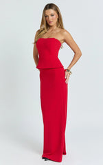 Anya Two Piece Top and Skirt Set - Strapless Fit And Flare Top And Maxi Skirt in Red