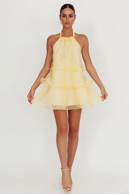Tulips Tiered Halterneck Mini Dress Lemon