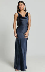 Adilah Maxi Dress - Cowl Neck Satin Dress in Navy