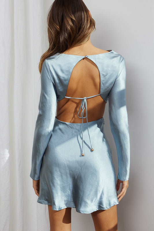 Northern Lights Long Sleeve Open Back Satin Mini Dress Blue
