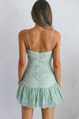 Delphine Ruched Bodice Dropped Waist Wide Hem Dress Sage