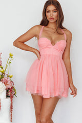 Surreal Lace-Up Back Tulle Mini Dress Coral