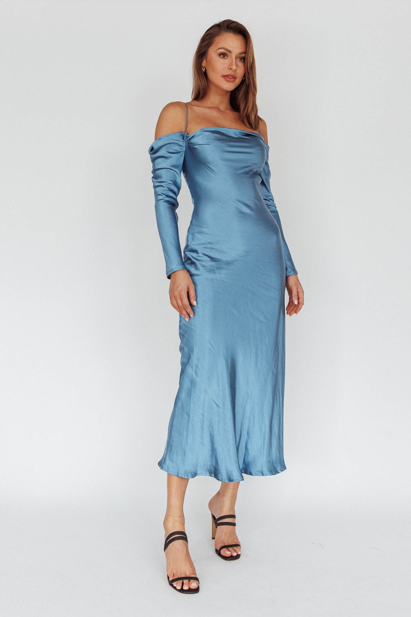 Ellory Long Sleeve Off-Shoulder Dress Blue