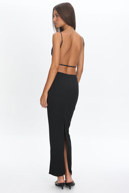 Yindi Backless Boat Neck Maxi Dress Black