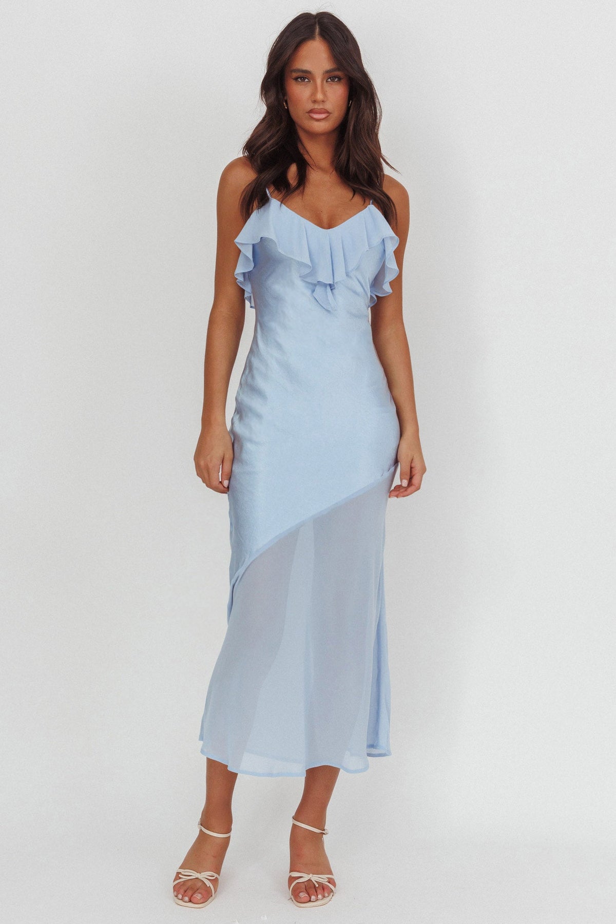 Talula Sheer Hem Ruffle Midi Dress Blue