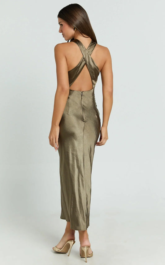 Aluna Midi Dress - High Neck Cross Back Satin Slip Dress in Olive
