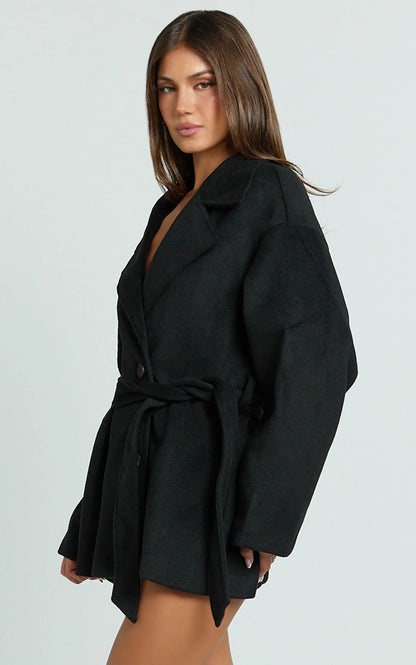 Alessandra Coat - Single Breasted Belted Short Wool Like Coat in Black