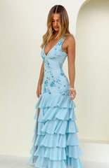 Eleanor Blue Sequin Ruffle Hem Maxi