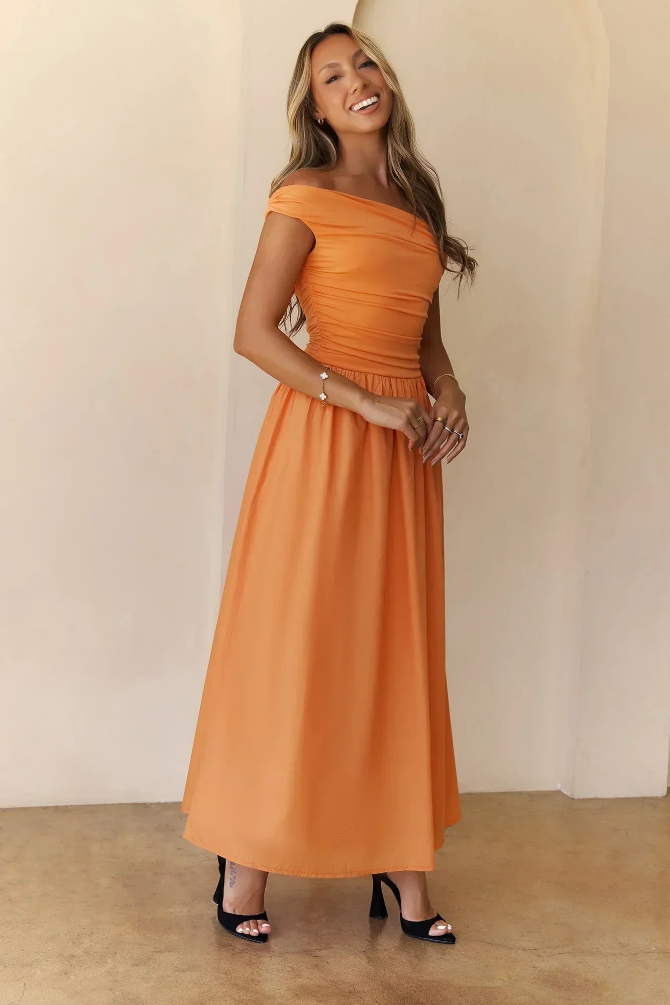 Camellia Charm Off Shoulder Maxi Dress