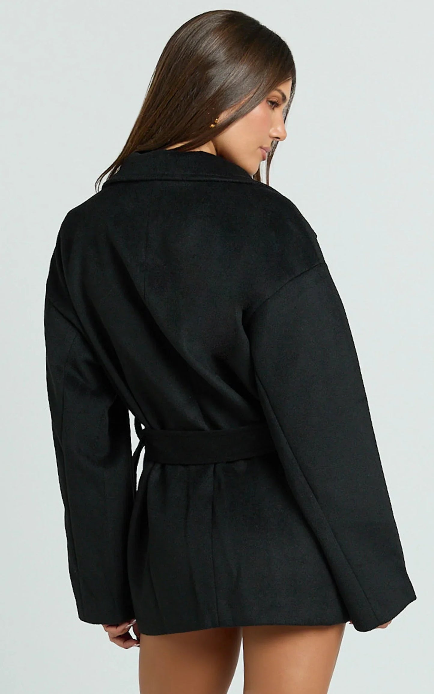Alessandra Coat - Single Breasted Belted Short Wool Like Coat in Black