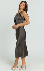 Aria Midi Dress - One Shoulder Twist Detail Satin Bias Cut Dress in Espresso