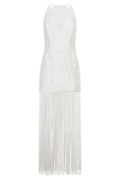 Abigail V Neck Fringe Maxi Dress - White
