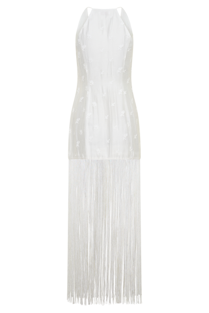 Abigail V Neck Fringe Maxi Dress - White