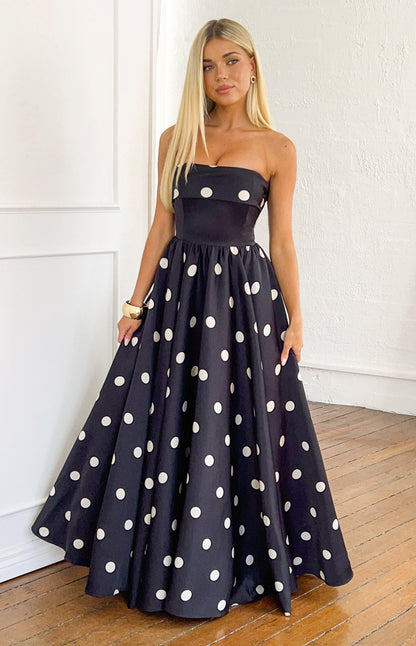 Julianne Strapless Polka Dot Satin Maxi Dress
