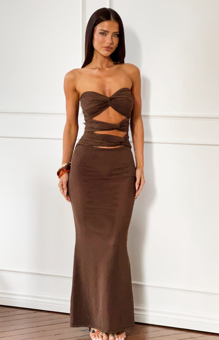 Junipa Chocolate Brown Strapless Cutout Maxi Dress