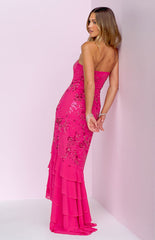 Khai Pink Ruffle Maxi Scarf Beaded Dress