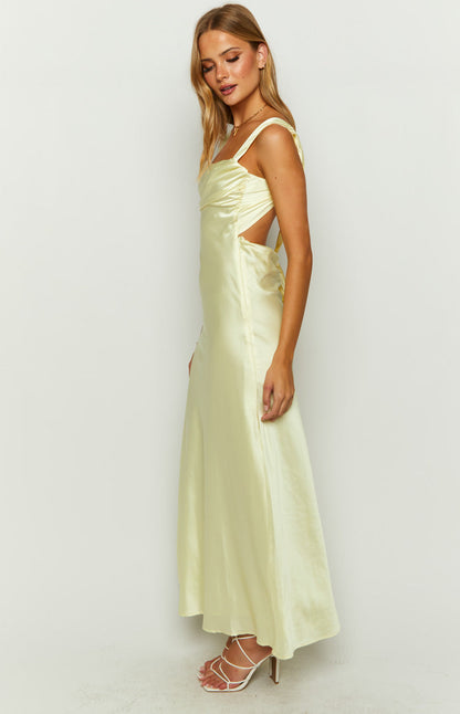 Laria Yellow Satin Formal Maxi Dress