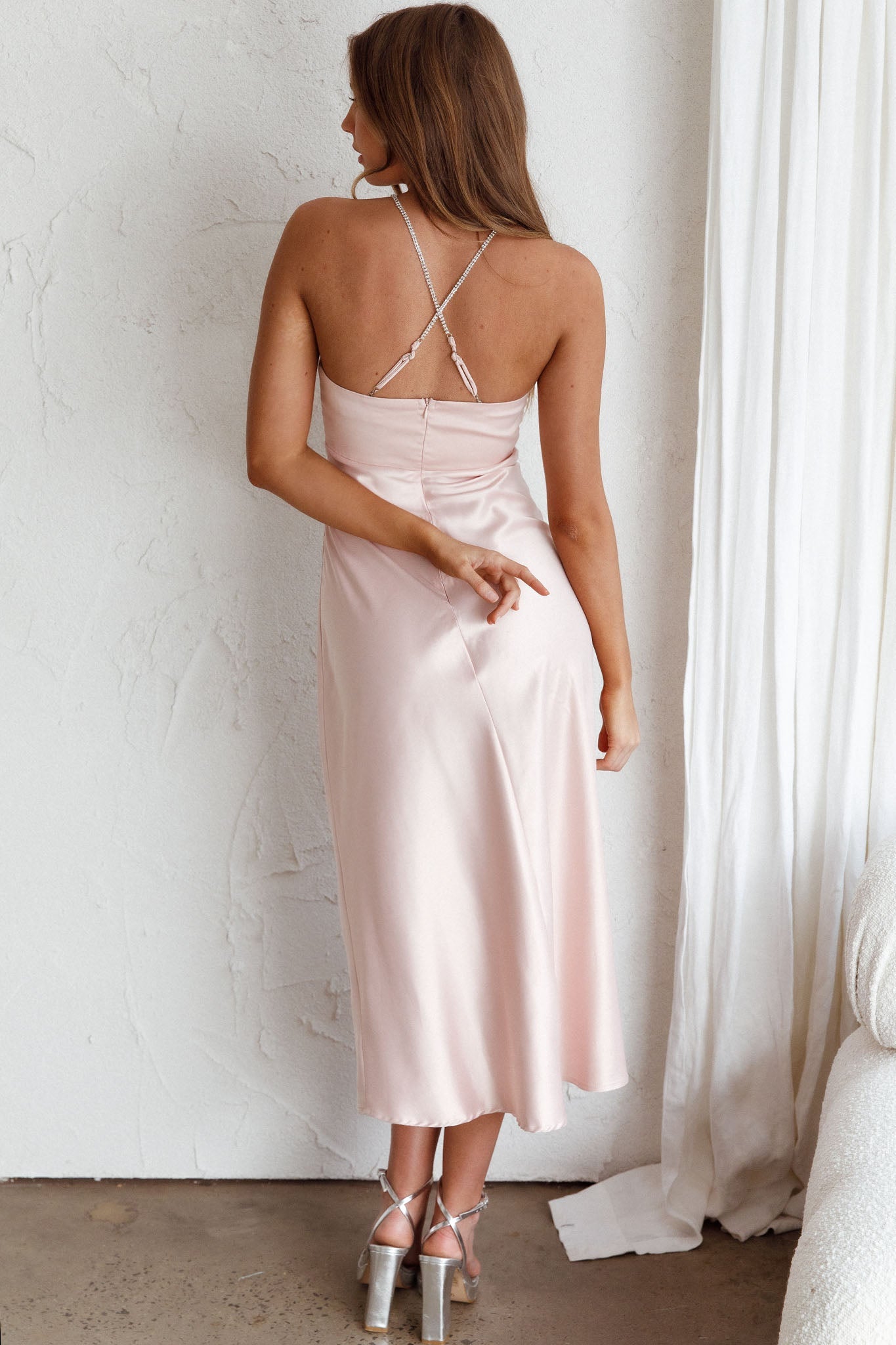 Venetia Diamante Strap Midi Dress Blush