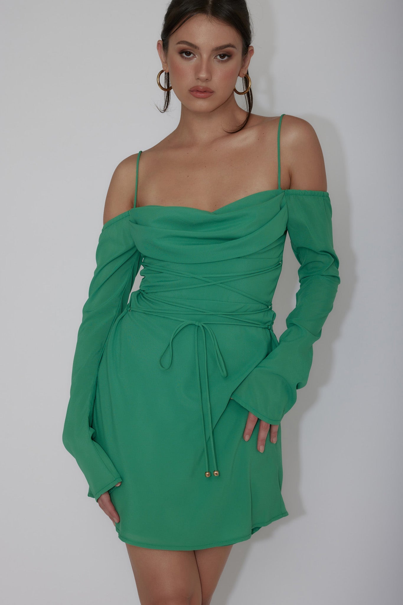 Teava Off-Shoulder Sleeve Laced Mini Dress Jade
