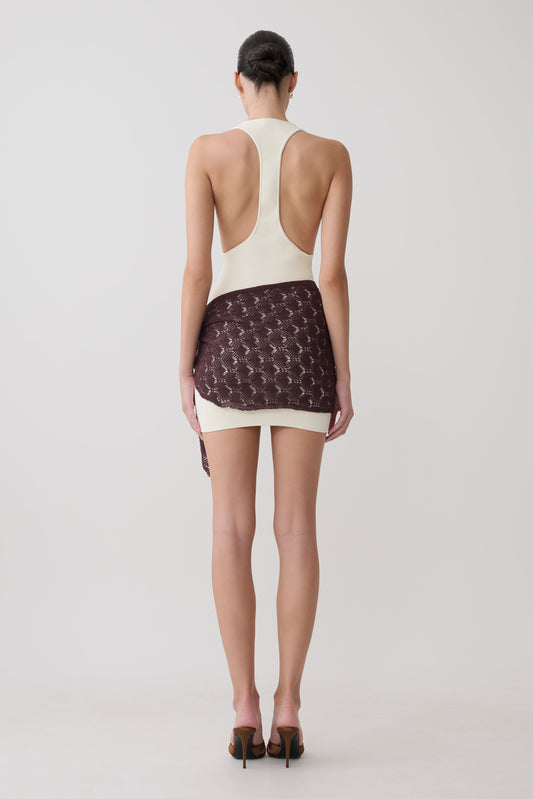 Mollie Mini Dress With Crochet Overlay - White/Chocolate