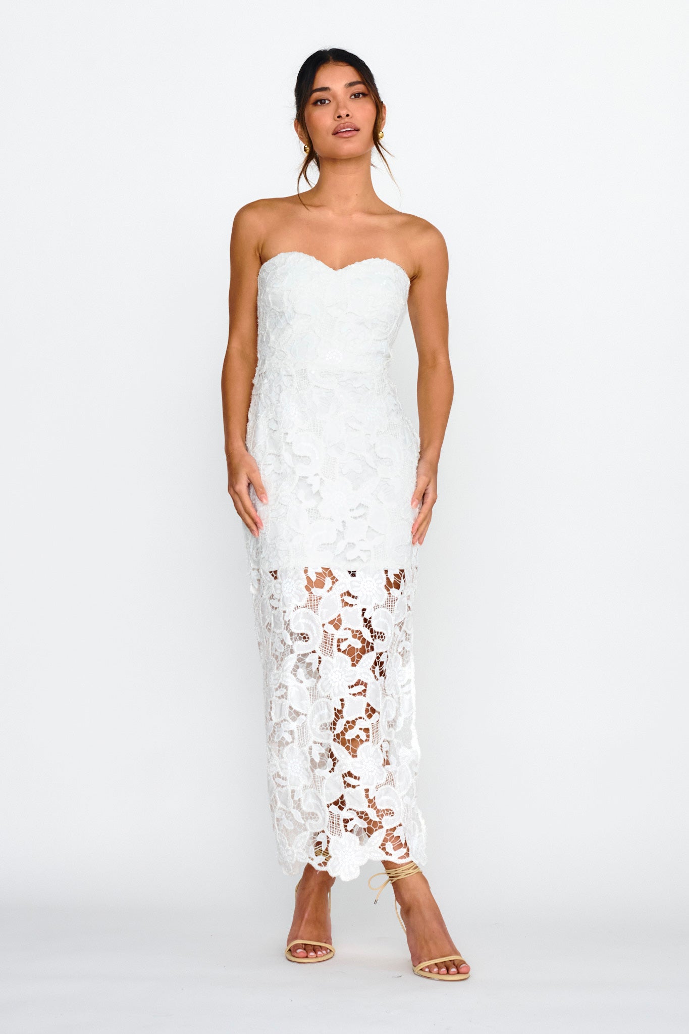 Parisa Sequin Embroidery Overlay Midi Dress White