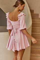 Only Yours Frill Trim Waist Tie Satin Mini Dress Blush