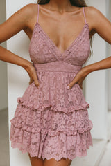 Sunshine Morning Crochet Lace Frill Trim Tied Back Lace Mini Dress Rose