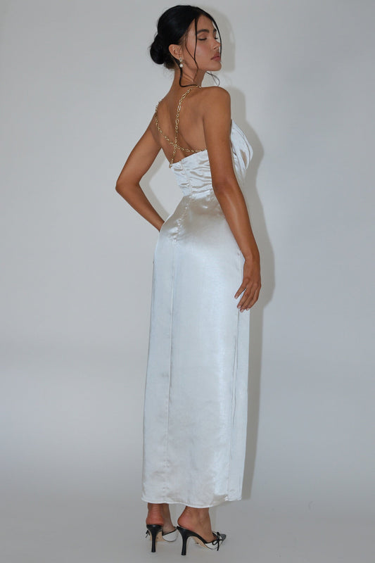 Emanuella Chain Strap Satin Midi Dress Champagne