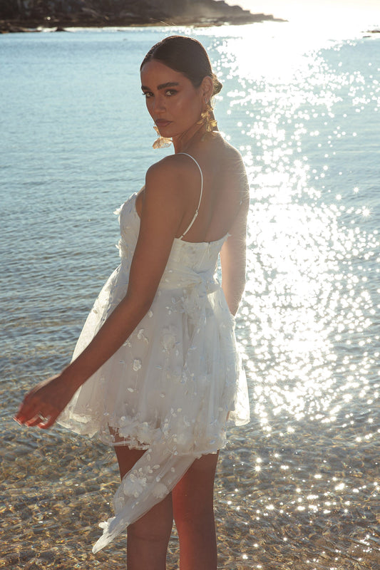 Athens Floral Bow Mini Dress White