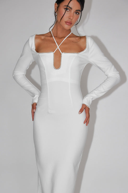 Samantha Pearl Trim Midi Dress White