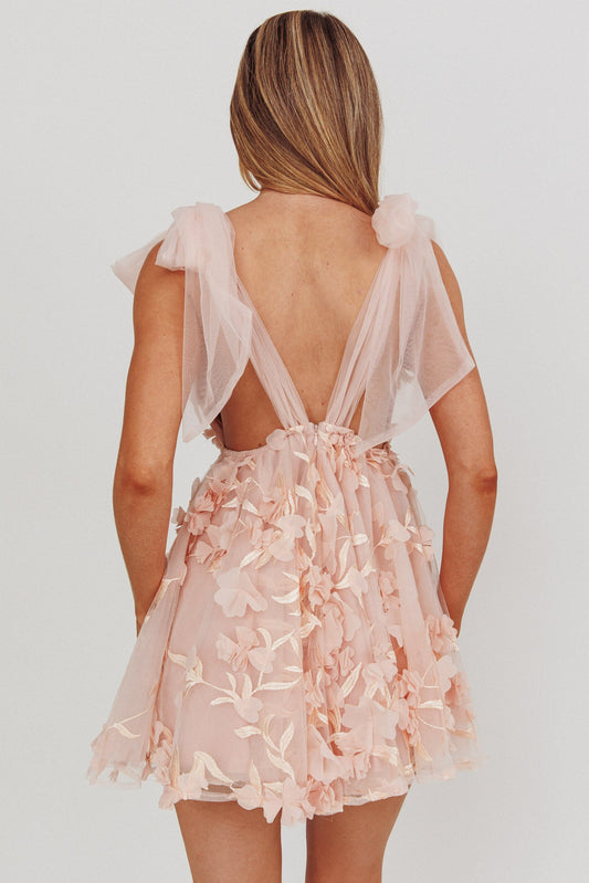 Chantilly Tied Shoulder Mini Dress Floral Embellished Pink
