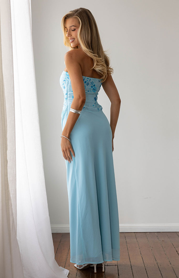 Serenity Blue Strapless Beaded Party Maxi Dress