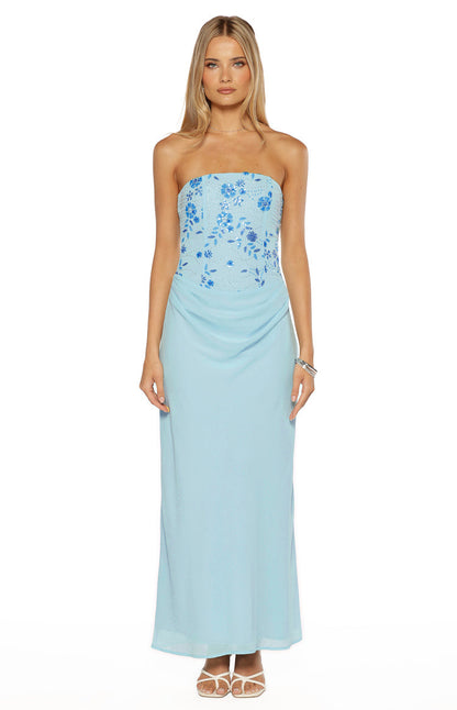 Serenity Blue Strapless Beaded Party Maxi Dress