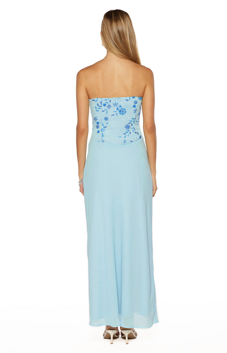 Serenity Blue Strapless Beaded Party Maxi Dress