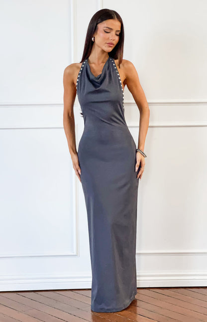 Tsuki Grey Stud Detail Cowl Neck Maxi Dress
