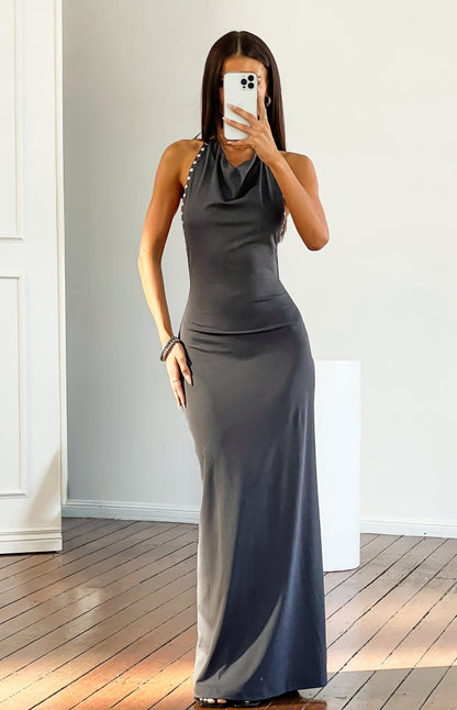 Tsuki Grey Stud Detail Cowl Neck Maxi Dress