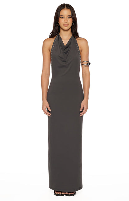 Tsuki Grey Stud Detail Cowl Neck Maxi Dress