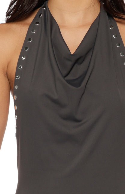 Tsuki Grey Stud Detail Cowl Neck Maxi Dress