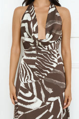 Caribbean Love Satin Halter Maxi Dress Brown