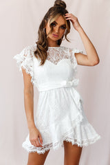 Taya Ruffle Shoulder Waist Tie Dress White Lace